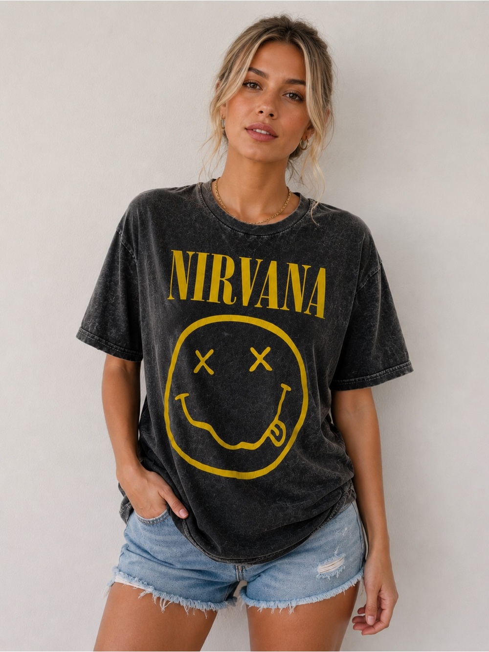 NIRVANA Black Tee with Yellow Smiley Graphic